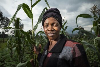 Une femme dans un champ de Kimbumba. Ce champ est un "champ école" qui permet de former les femmes à l'agroécologie.